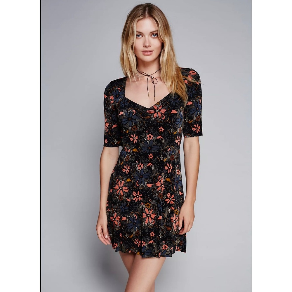 Free People Up All Night Mini Dress Women XS Black Floral Open Back Autumn